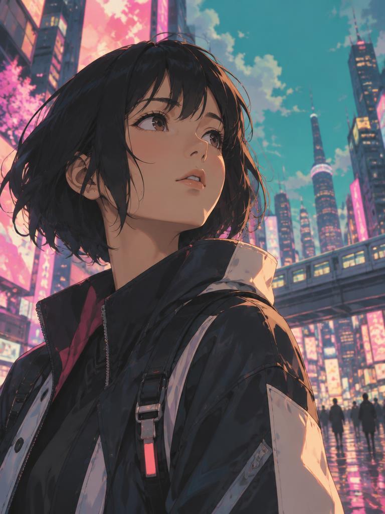 Personaje anime en una ciudad futurista